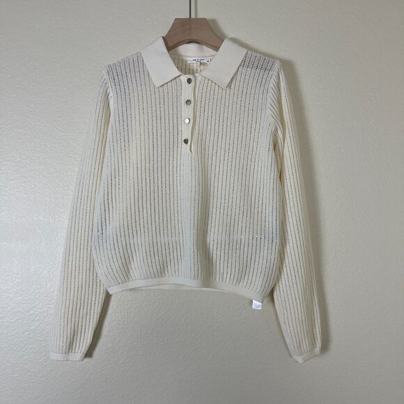 Rag & Bone Women Size M Ivory Vivi Pointelle Knit Polo Sweater Top Minimalist - Picture 5 of 15
